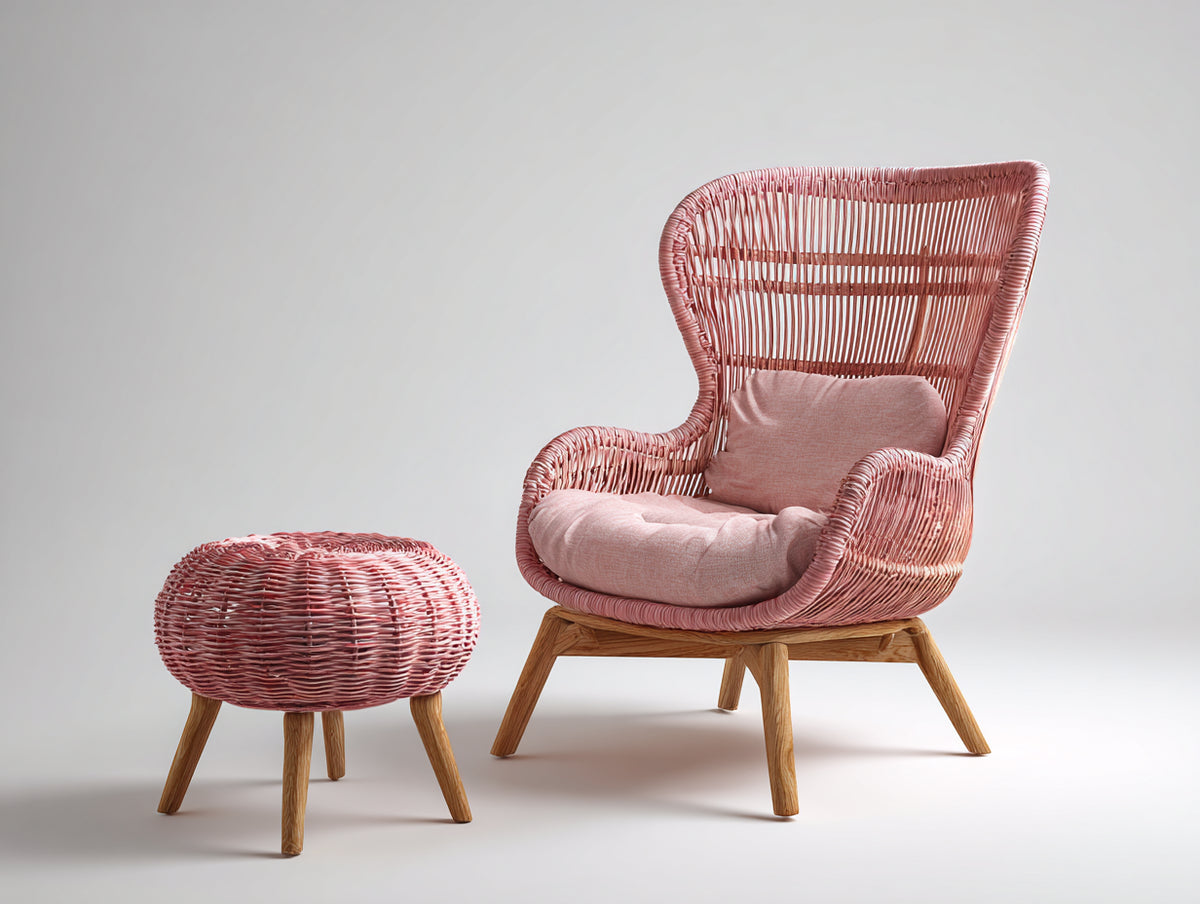 Polyrattan Gartensessel 82x88x112 cm - Polyrattan in Rosa und Holzfüße - moderner Lounge-Stil