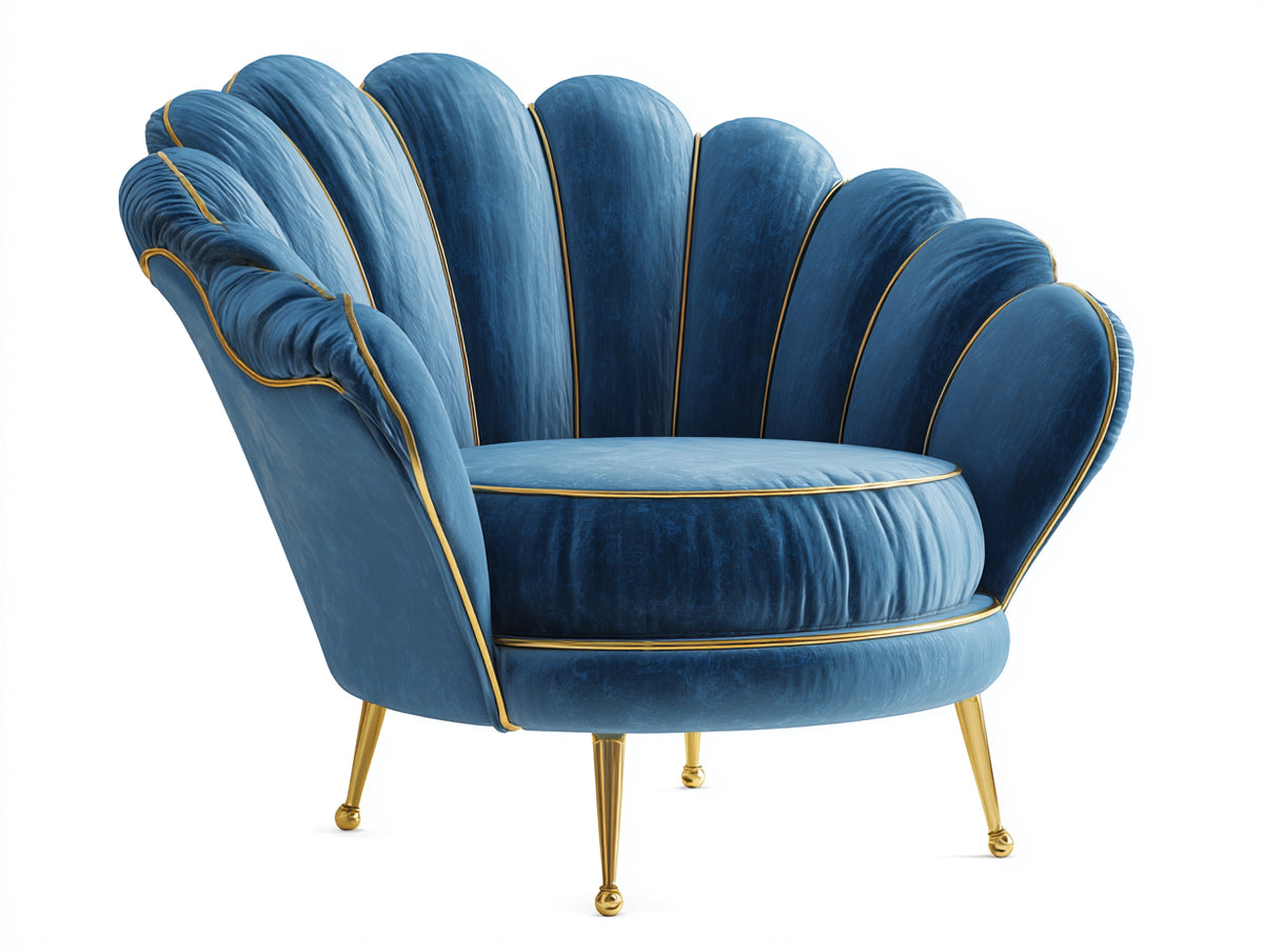 Sessel 92x86x82 cm - Samtstoff in Blau und Gold - moderner Muschel-Stil
